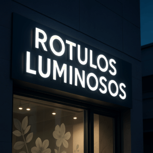 Rótulo luminoso instalado en fachada de negocio con iluminación LED