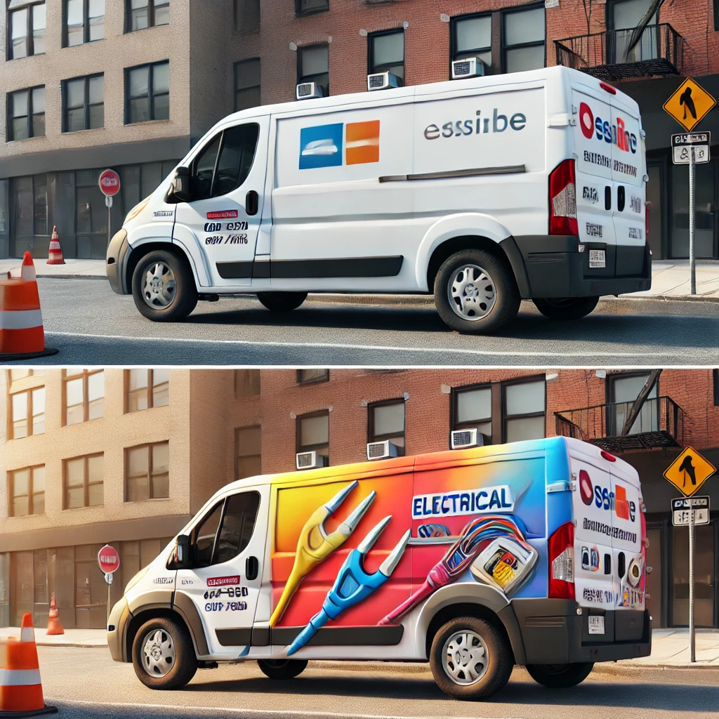 antes y despues rotulacion furgoneta Furgoneta blanca sin rotulación al lado de la misma furgoneta con diseño profesional, logotipo y gráficos de servicios eléctricos