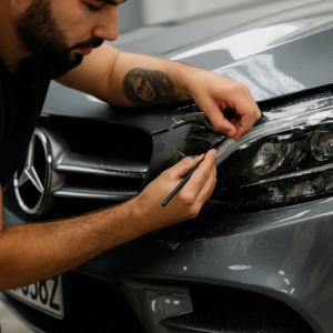 Técnico aplicando vinilo transparente sobre faro de coche durante proceso de rotulación profesional