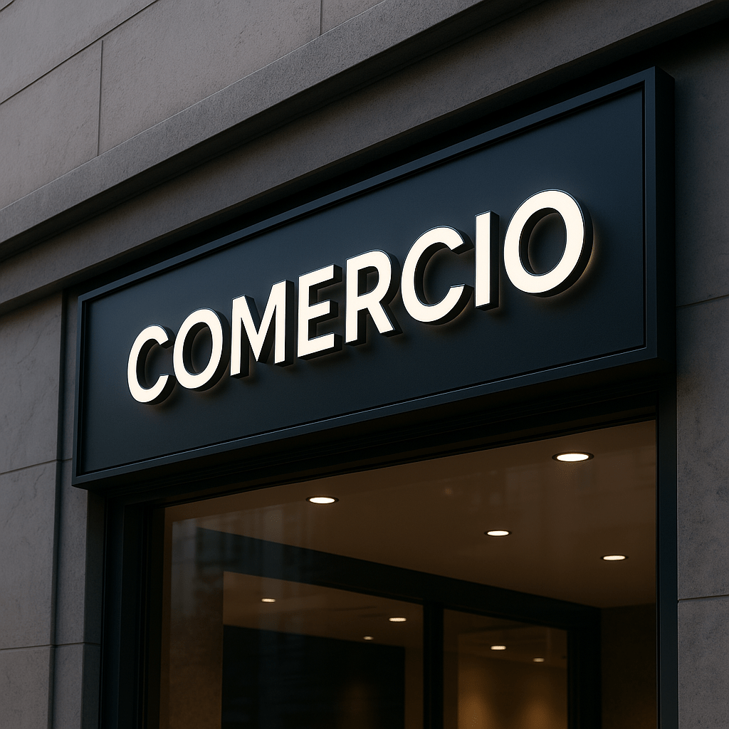Rótulo atractivo y moderno para comercio, con diseño profesional y resaltado por iluminación LED.