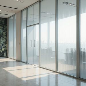 Vinilo de diseño funcional en mampara de cristal de oficina: privacidad con estilo
