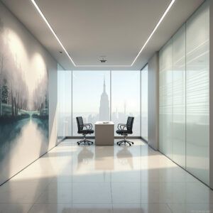 Vinilos decorativos en pared y mampara de cristal combinando estilo y funcionalidad en oficina