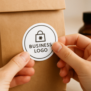 Mano colocando una pegatina personalizada sobre el embalaje de un producto