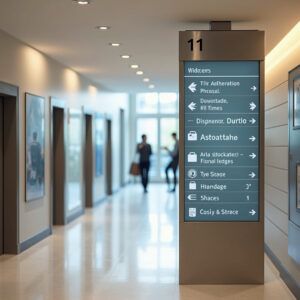 Señalética direccional en pasillo de oficina moderna en Bizkaia