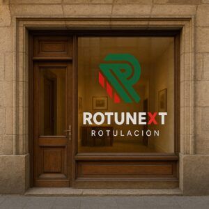 Escaparate de local comercial con fachada de paneles grises y puerta de madera, mostrando en el cristal el logo de RotuNext en vinilo (una “R” verde con detalles rojos y el texto “ROTUNEXT ROTULACIÓN”).