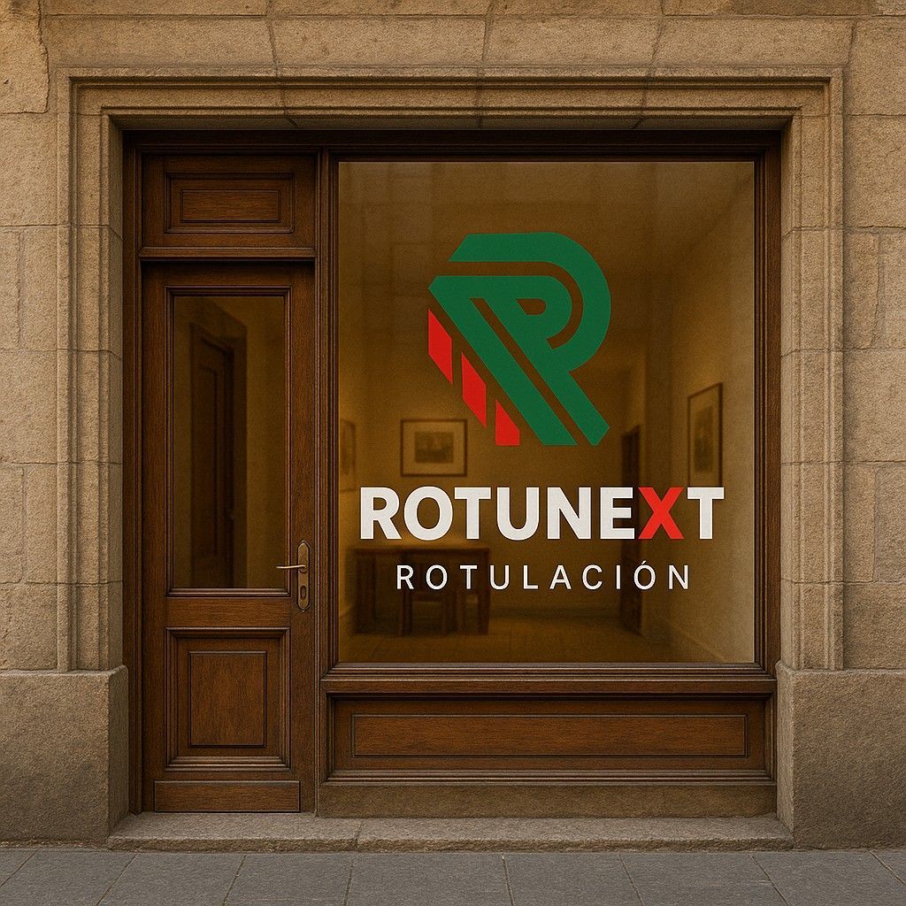 Escaparate de local comercial con fachada de paneles grises y puerta de madera, mostrando en el cristal el logo de RotuNext en vinilo (una “R” verde con detalles rojos y el texto “ROTUNEXT ROTULACIÓN”).