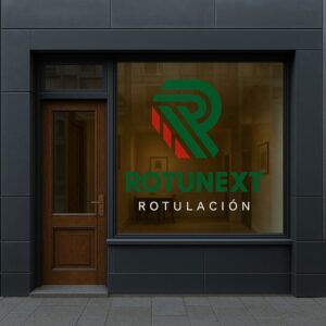 Escaparate de local comercial con fachada de paneles grises y puerta de madera, mostrando en el cristal el logo de RotuNext en vinilo (una “R” verde con detalles rojos y el texto “ROTUNEXT ROTULACIÓN”).