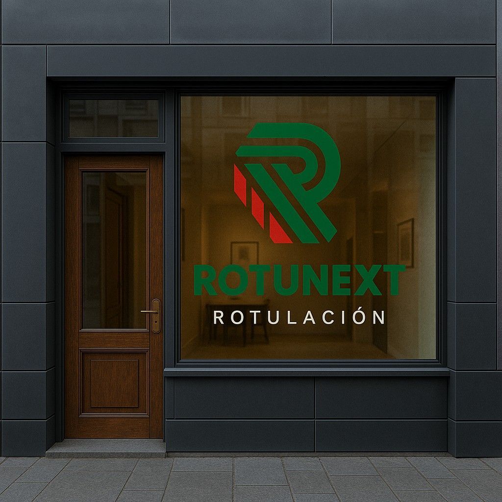 Escaparate de local comercial con fachada de paneles grises y puerta de madera, mostrando en el cristal el logo de RotuNext en vinilo (una “R” verde con detalles rojos y el texto “ROTUNEXT ROTULACIÓN”).