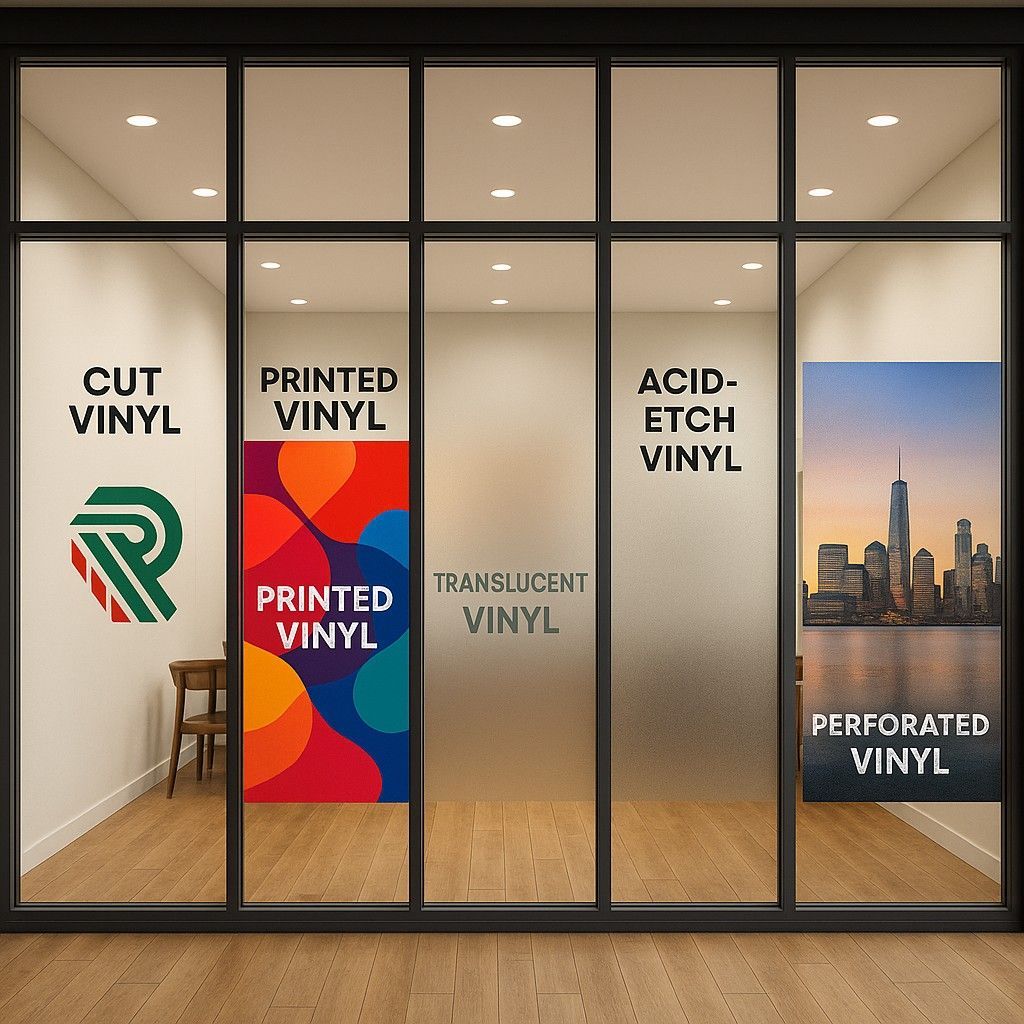 Cinco paneles de cristal muestran ejemplos de vinilo de corte, impreso, translúcido, efecto ácido y microperforado.